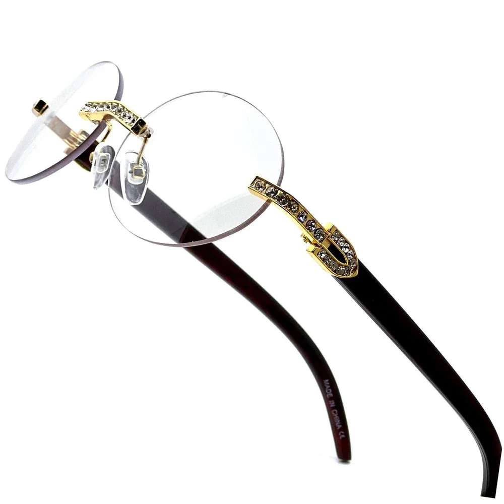 Fashion Sunglasses Men Rhinestone Wood Grain Frame Hip‎ Hop Shades Retro Classic